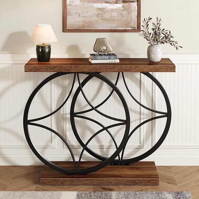 39.4" Console Table, Industrial Entryway Table with Anti-Tilt Design, Narrow Wood Accent Sofa Table Behind Couch with Double Circle Base for Entryway, Living Room, Hallway, Foyer
