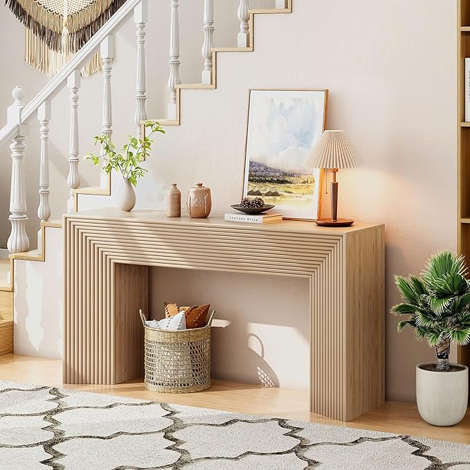 55-Inch Wood Entryway Table with Storage, Narrow Long Sofa Table Behind Couch, Fluted Console Table for Entryway, Hallway, Living Room, Accent Table for Decoration and Organization, Natural Wood