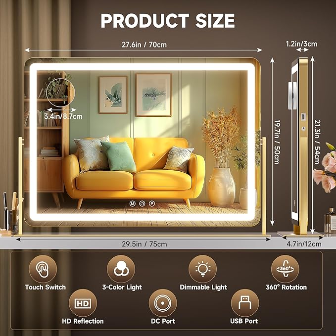 Hasipu Vanity Mirror with Lights, 30" x 21" LED Makeup Mirror, Light up Mirror with 5X Magnification and Phone Holder, USB Charging Port, Smart Touch 3 Colors Dimmable, 360° Rotation (Gold)