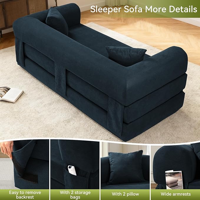 Convertible Futon Sofa Bed,80" Folding Pull Out Couch with Pillows & Storage Pocket, Oversized Queen Sleeper Sofa in a Box,Corduroy Boneless Couch for Living Room,Navy Blue