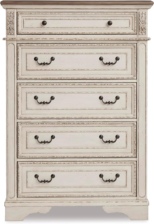 Signature Design by Ashley Realyn French Country 5 Drawer Chest, Tipover Restraint Device, 2-tone Finish, Wood, 40.13" W x 18.13" D x 58.13" H, Chipped White