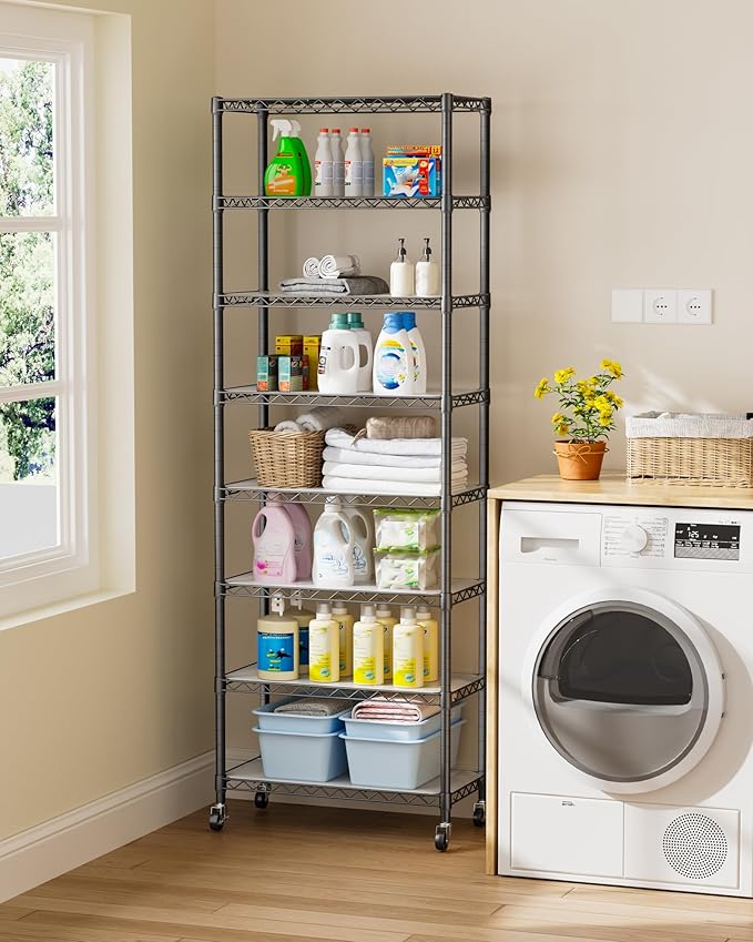 8 Tier Shelves Storage Shelf Wire Closet Bathroom Organizers Metal Pantry Kitchen Garage Shelving Unit Laundry Room Organization Home Rack Net Basket Black with Wheels 12”D X 22”W X 74.2”H