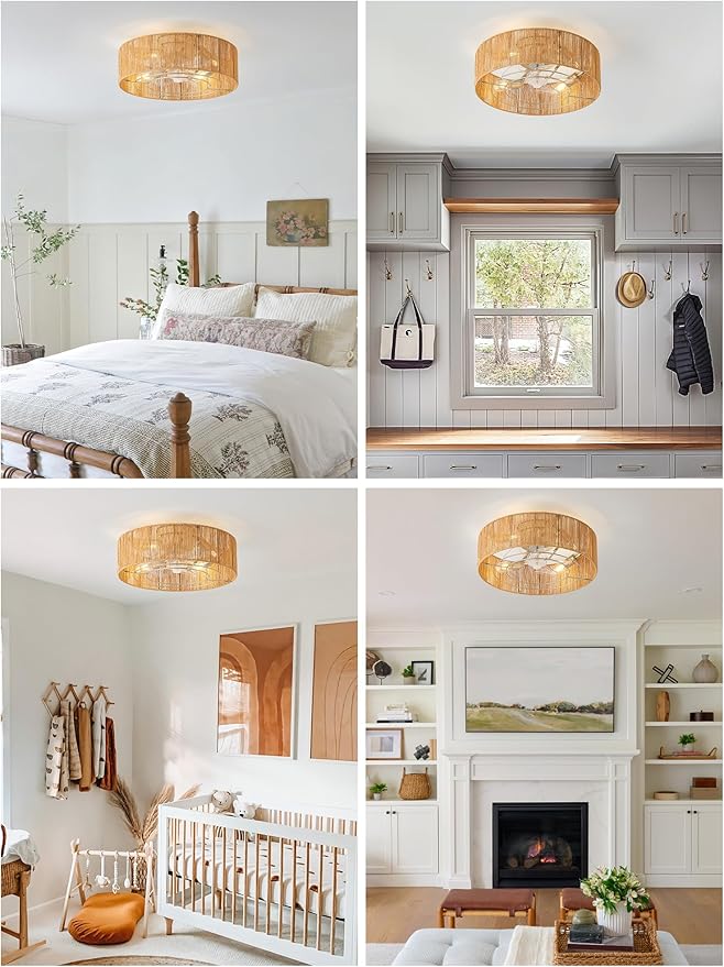 Ceiling Fans with Lights, 20" Boho Ceiling Fan with Light Flush Mount, Rattan Low rofile with 6 Speeds, Remote Control for Bedroom, Nursery, Living Room