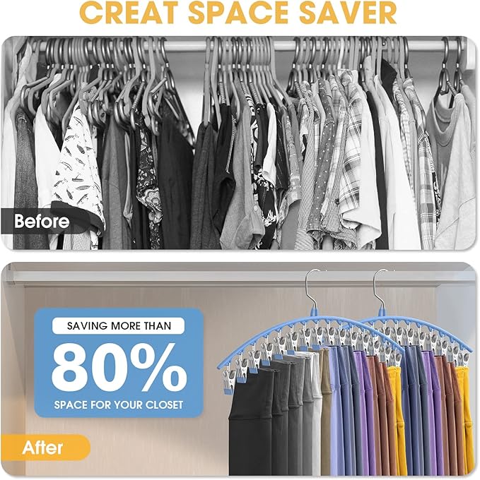 Upgrade Skirt Pants Hangers with Clips, Metal Pants Legging Organizer for Closet Holds 30 Leggings/Shorts/Jeans/Skirts Pant Hangers Space Saving Hanging Closet Organizers Shorts Hanger, Blue 2Pack