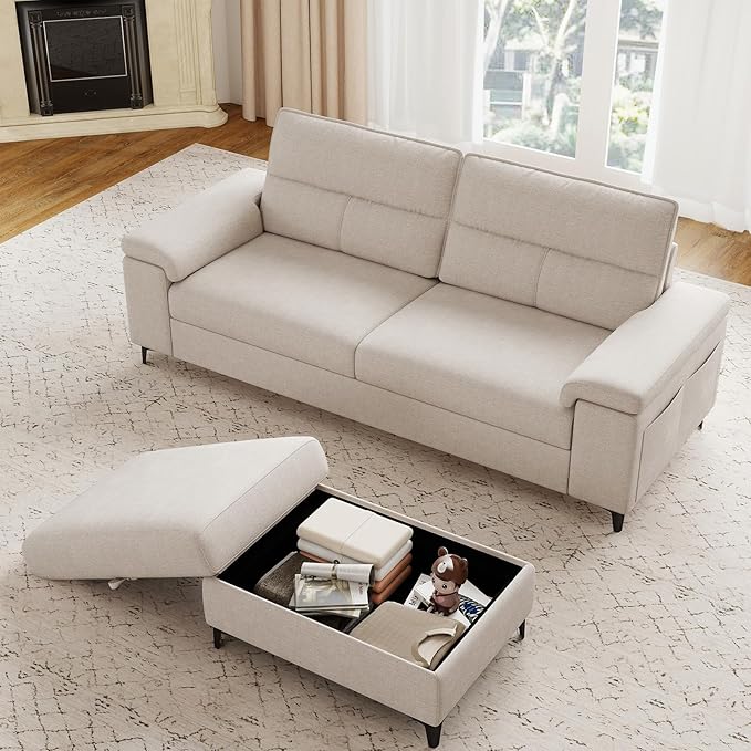 88.97" L Shaped Sectional Couches for Living Room, Deep Seat Sofa with Big Storage Ottoman & 8”Cushion, Comfy 2-Seater Chenille Loveseat, Convertible Armrest, Removable Cover for Small Space(Beige)