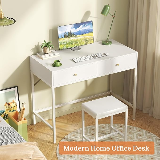 SUPERJARE 31.5" White Desk with 2 Drawers, Modern Makeup Vanity with Padded Stool, Small Computer Desk Home Office Desk for Writing Study Bedroom