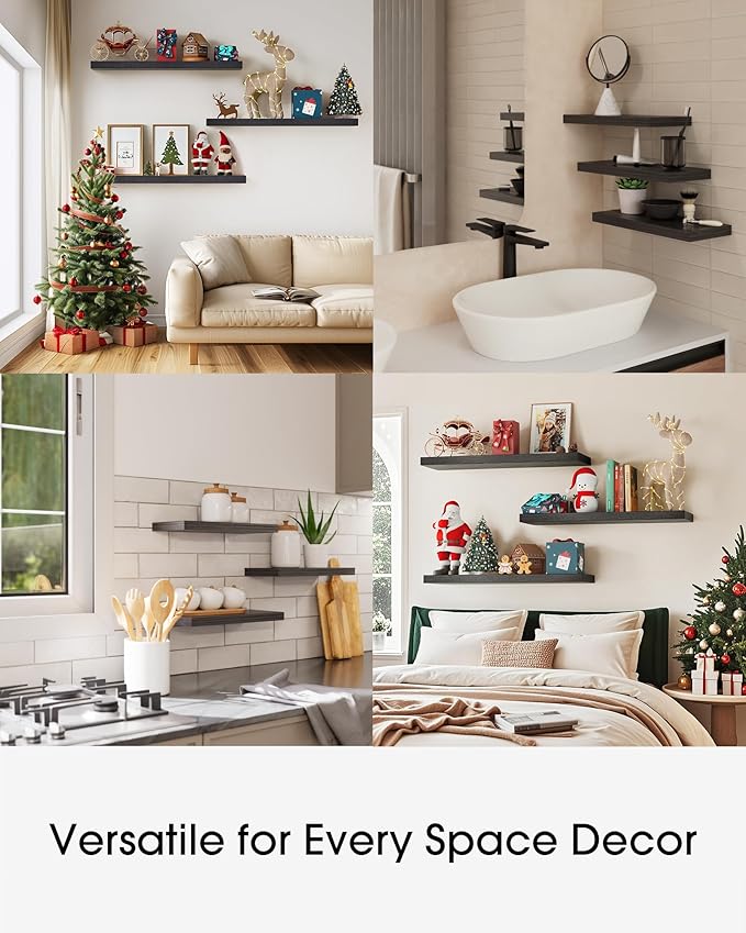 BAYKA Floating Shelves for Wall, 22.5 inches Wall Mounted Rustic Wood Shelves for Bathroom, Bedroom, Living Room, Floating Shelves for Books/Storage/Decor (Black,Set of 3)