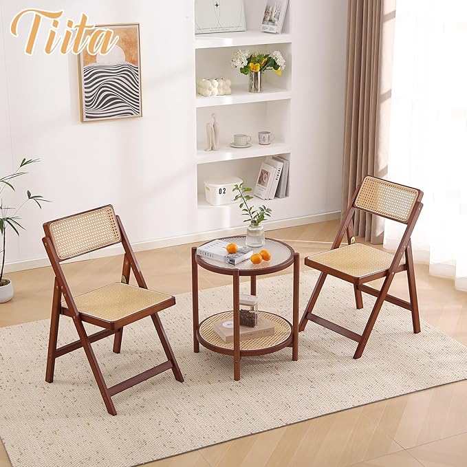 Tiita Rattan Dining Chairs Set of 2, Mid Century Modern Folding Chair, Bamboo Folding Dining Chairs for Small Space, Dining Room, Living Room, Bedroom, Walnut