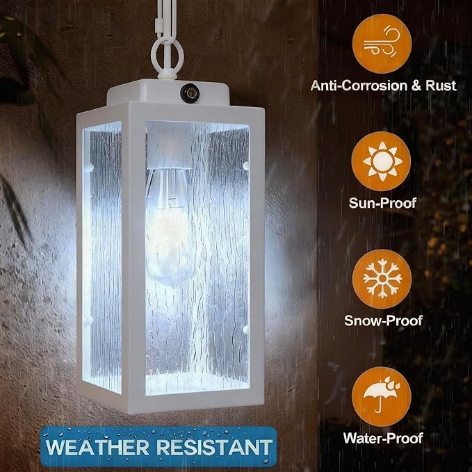 Outdoor Pendant Light Dusk to Dawn, 11'' Porch lights Outdoor Chandelier Hanging Ceiling Lights, White Aluminum Lightshade with Tempered Glass, Exterior Lighting Fixture for Porch Yard, Gazebo, 1 Pack