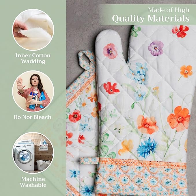 Maison d' Hermine 100% Cotton Oven Mitt & Pot Holder Set (7.5"x13" & 8"x8") Heat Resistant BBQ Cooking Gloves with Loop, Baking, Grilling, Kitchen, Handling Hot Pans Spring/Summer (Summer Whisper)