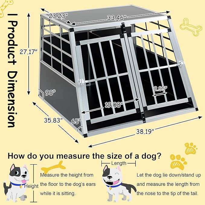 Double Door Travel Dog Cage, Lockable Aluminium Pet Car Transport Crate with Removable Partition, Sturdy Construction for Small Cats and Dogs, Portable Puppy Carrier for Car Use