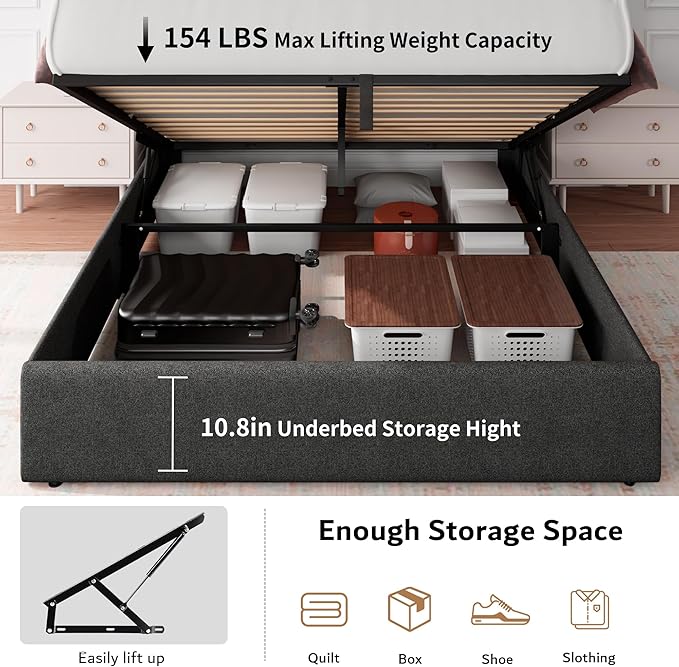 iPormis Queen Size Lift Up Storage Bed Frame with Charging Station, Upholstered Platform Bed Frame with Tufted Headboard, Hydraulic Storage, No Box Spring Needed, Noise-Free, Easy Assembly, Dark Grey