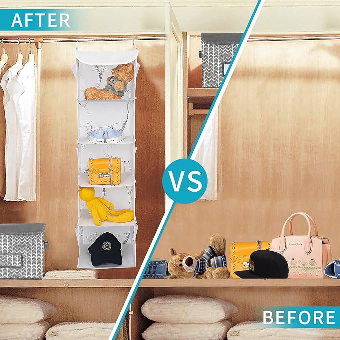 5 Shelves Hanging Closet Organizer, 2 Pack Hanging Storage with 6 Side Pockets for Clothes Shoes, 43"x12"x12"(Marblizing)