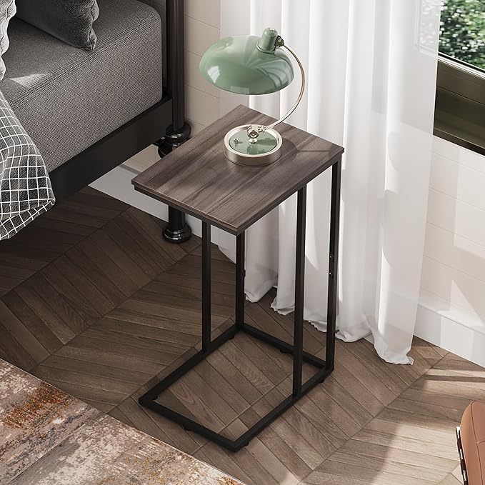 WLIVE Small Side Table, C Shaped End Table for Couch, Sofa and Bed, Tv Tray Table That Slides Under for Living Room, Bedroom, Bedside, Gray and Black