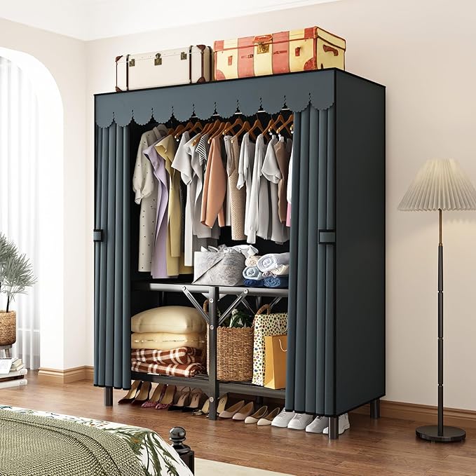 Foldable Clothes Hanger with Cover Portable Wardrobe, Metal Standing Armoire Wardrobe Clothes Rack with Gray Fabric Cover,One-Piece Folding Base,25MM Steel Tube for Bedroom