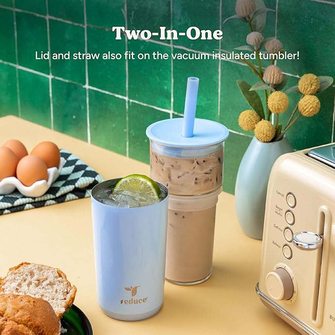 REDUCE Aspen 20 oz Vacuum Insulated Glass Tumbler with Lid & Extra Wide Straw - Keeps Drinks Cold for 12 Hrs - Ideal for Iced Coffee, Smoothies & Boba - Dishwasher Safe, Soft Base - Lilac Bud