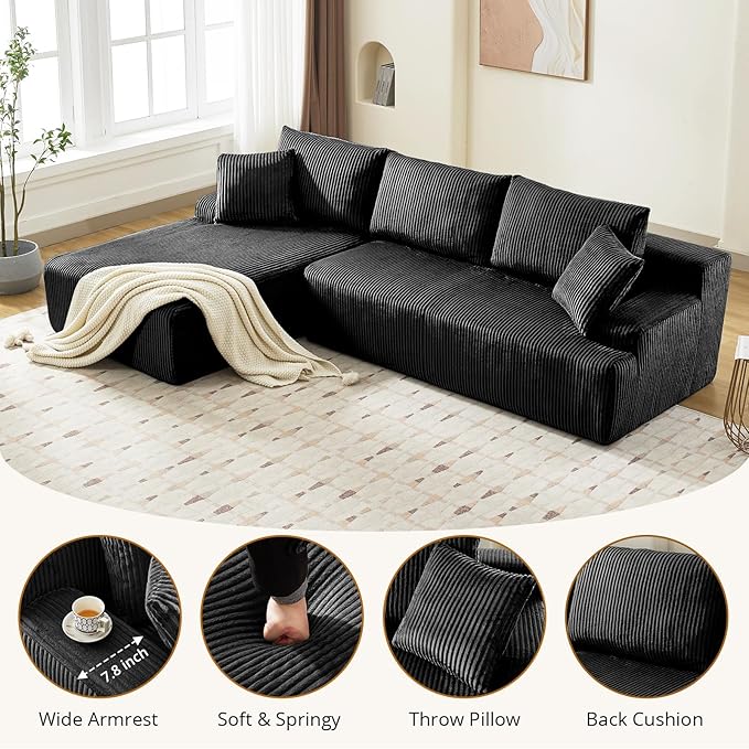 Sectional Cloud Couch for Living Room L Shaped Couch with 3 Seat Ind. Chaise Longue Corduroy Fabric Boneless Modular Modern Sofa with Pillows for Apartment and Small Space