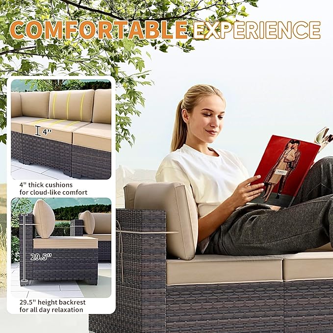 Gotland 13 Pieces Patio Furniture Set with Fire Pit Table, All Weather PE Rattan Outdoor Furniture with 29.5'' High Backrest 4’’ Thick Cushions Coffee Table, Patio Conversation Set for Deck, Khaki