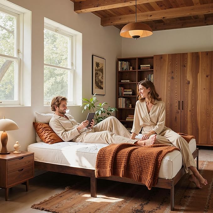 Hokway Wood Queen Bed Frame-No Wobble,Noise-Free,Easy Assembly with Precise Holes,12 in Wood Slat Support,No Box Spring Needed,Walnut