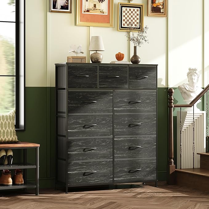 WLIVE Storage Organizer Unit with 11 Fabric Bins, Storage Drawers Organizer with Steel Frame, Tall Storage Tower Organizaton for Living Room, Hallway, Office, Charcoal Black Wood Grain Print