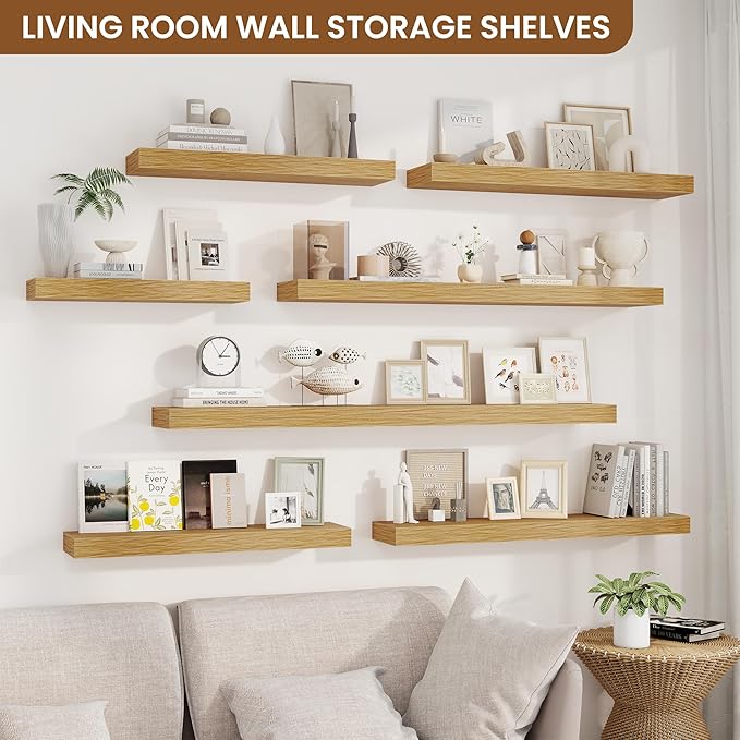 fuqing Floating Shelves for Wall, Wall Mounted Wood Floating Shelf with Invisible Brackets for Living Room, Bathroom, Bedroom, Kitchen Storage and Decor, 32 Inch Set of 2, Oak