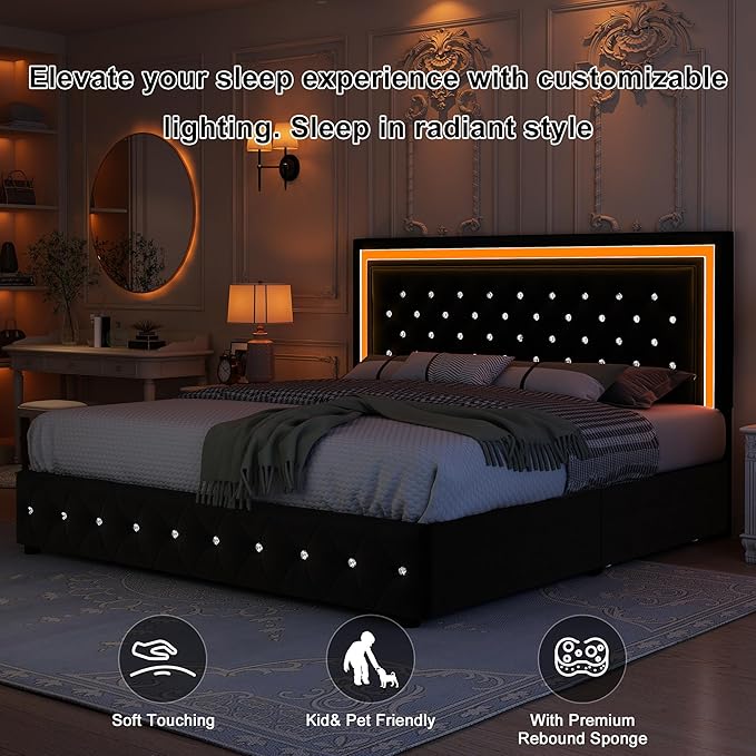 King Led Bed Frame with 4 Storage Drawers, Bed Frame with Led Lights No Box Spring Needed, 900 lbs Capacity, Easy Assembly, Velvet Black