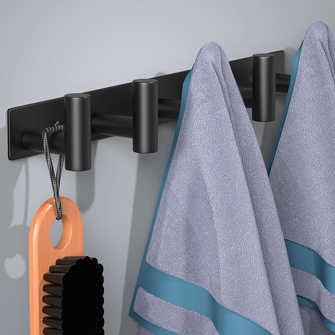 HUFEEOH Coat Hooks Wall Mount, Black T Shaped 5 Hooks Stainless Steel Wall Hooks Towel Rack for Hanging, Heavy Duty Key Holder Hat Rack Used for Bathroom Mudroom Entryway