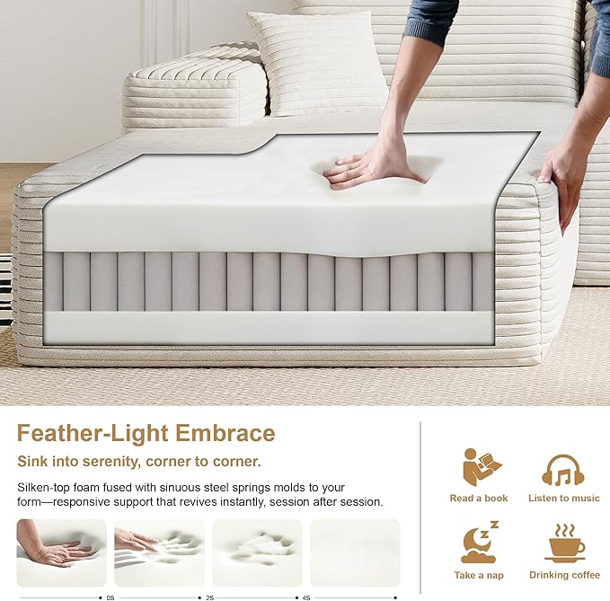 108" Sectional Couches for Living Room Modern Modular Sofa with L-Shape Couchs Upholstered Boneless Couch Deep Seat Sectional Couch with Chaise (White, Left Facing Chaise+2Seaters+1Ottoman)