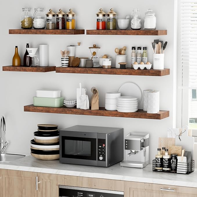 Fun Memories 48 Inch Floating Shelves - Fireplace Mantel Shelf - Deep Wall Mounted Wood Storage Shelf for Bedroom, Kitchen, Farmhouse - 1 Pack, Rustic Brown