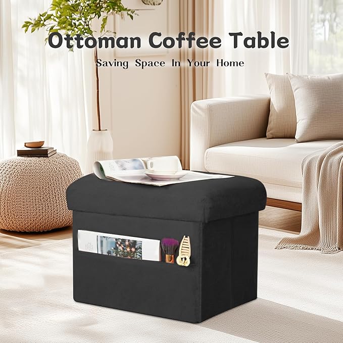 Small Ottoman with Storage, Folding Foot Rest Stool with Thicker Furry Padded Seat. Soft Fur Storage Ottoman Bench for Bedroom Living Room, Holds Up to 300 lbs, 17x13x13IN (Black)