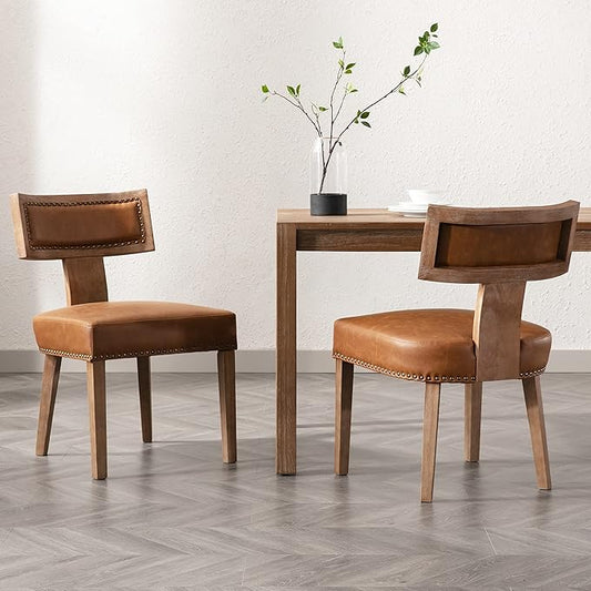 Mid Century Modern Dining Chairs Set of 2 PU Leather Upholstered Kitchen Side Chairs with Nailhead Trim, Modern Kitchen Armless Solid Wood Dining Chairs, Brown