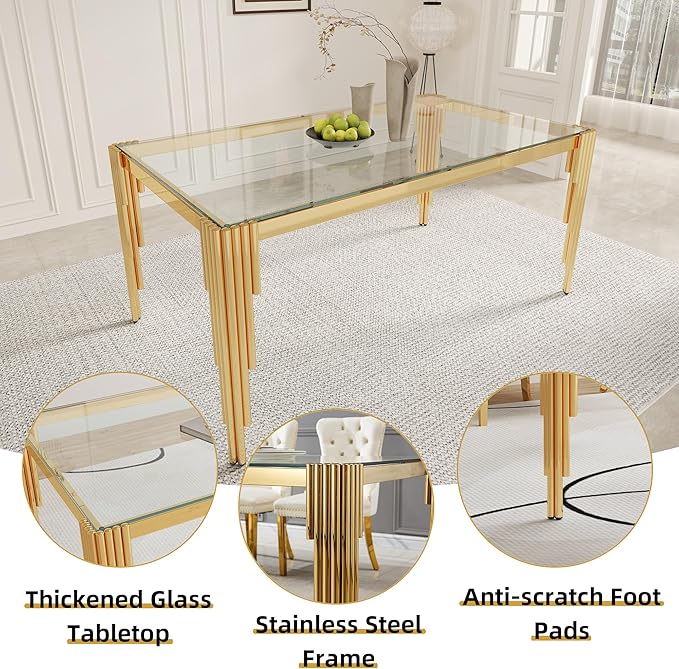 5 Piece Glass Dining Table Set, Modern 63" Rectangle Glass Kitchen Table with 4 White Velvet Upholstered Chairs, Gold Dining Table for 4 with Chairs Set for Kitchen, Living Room