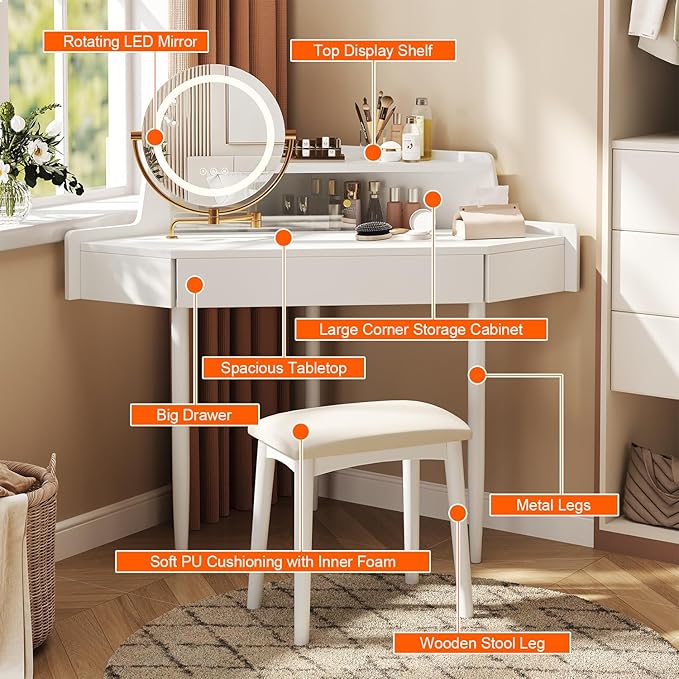 Merax Corner Vanity Desk with Mirror and Lights and Stool, White Makeup Vanity with Storage & Adjustable Light, Girl Glass Top Dressing Table with Small Sliding Glass Door, Drawer and Display Shelf