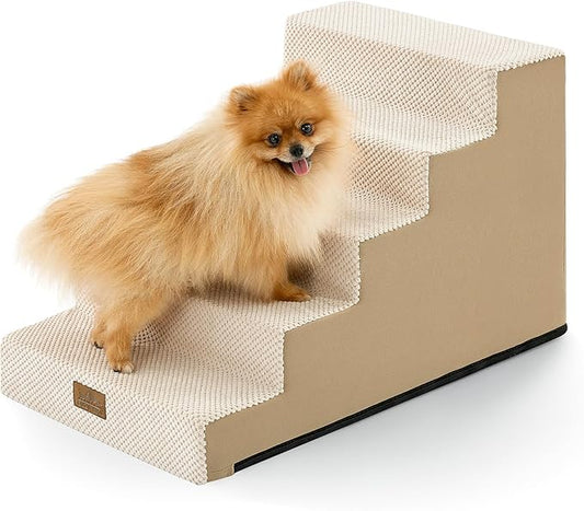 Slope Dog Stairs 17.7" H, Pet Steps for Couch Bed with Washable Cover, Non-Slip Foam Dog Ramp for Small Old Puppy Cats, 5 Step, Beige