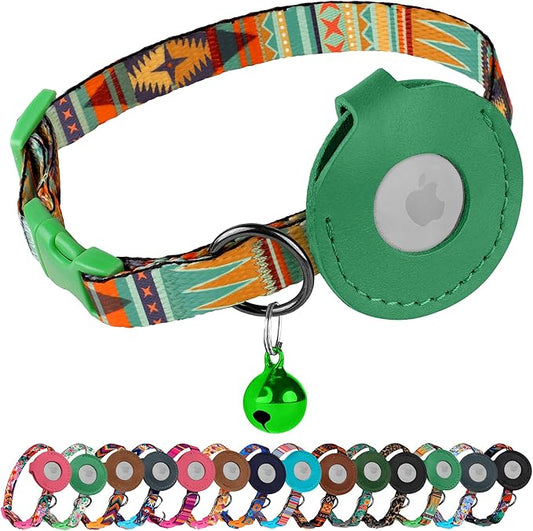 Airtag Cat Collar with Bell - Non Breakaway Soft Pet Collar with Leather Air Tag Holder - Adjustable GPS Anti-Lost Collars for Girl Boy Cats Kitten Puppies, Lightweight and Patterned (Mexican Green)