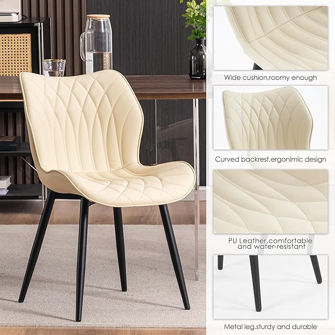 Kidol & Shellder Modern Dining Chairs Set of 2 Comfy Dining Room Chairs with Thick Cushions PU Leather Upholstered Kitchen Side Chairs with Metal Legs Beige