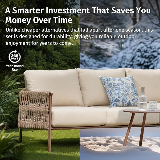 East Oak Life Chatter Outdoor Patio Furniture | Outdoor Sofa 3 Seats with Waterproof Thick Cushions | Deep Seating Modern Patio Sofa for Garden, Porch, Balcony & Backyard | Chestnut & Apricot