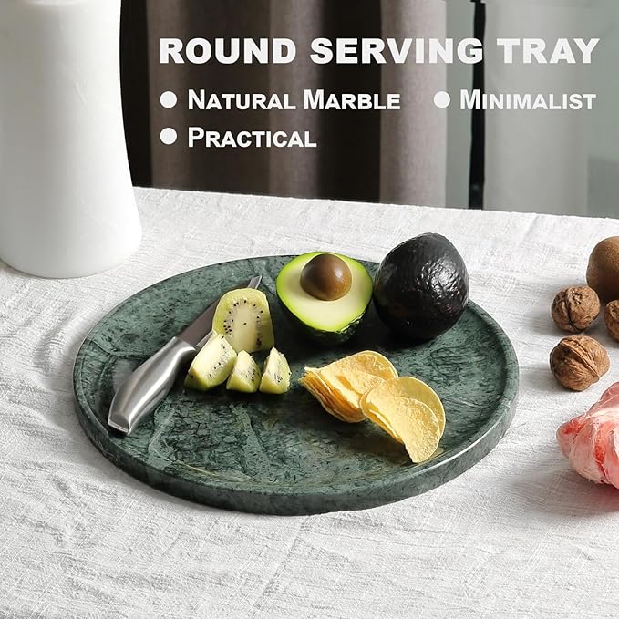 Natural Marble Serving Tray, 11.8in Marble Round Tray, Bathroom/Kitchen/Coffee Table Trays for Counter, Decorative Vanity Trays, Jewelry & Perfume Holder, Green Stone Serving Board
