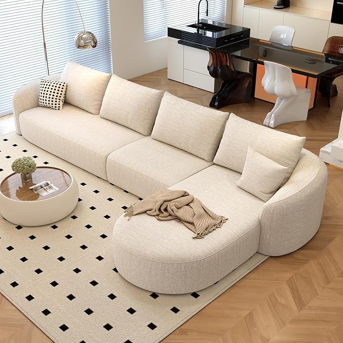 138.6" Modular Sectional Couches Luxury Modern Curved Back Sofa,Minimalist Comfy L-Shape Boneless Cloud Couch for Living Room Apartment,(Right Facing Chaise,White)