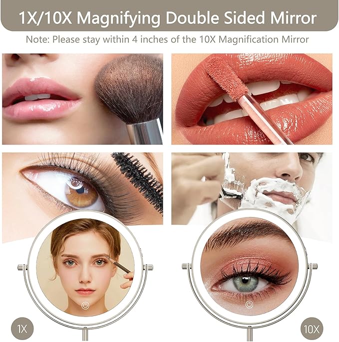 8" Lighted Makeup Mirror, 1X/10X Magnification with Light, Double Sided Dimmable, Rechargeable & Brightness & Height Adjustable, Cordless Vanity(Brushed Nickel)