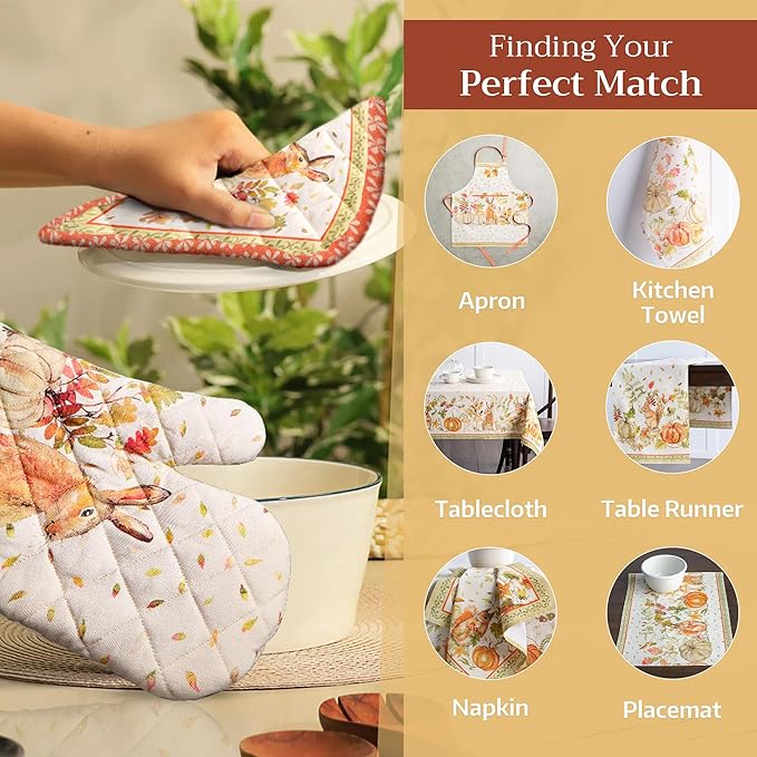 Maison d' Hermine Oven Gloves 100% Cotton Oven Mitt 7" x 13" with Loop Heat Resistant BBQ Cooking Gloves for Thanksgiving Christmas Decorations Baking Handling Hot Pans (Pack of 1, Pumpkin Passion)