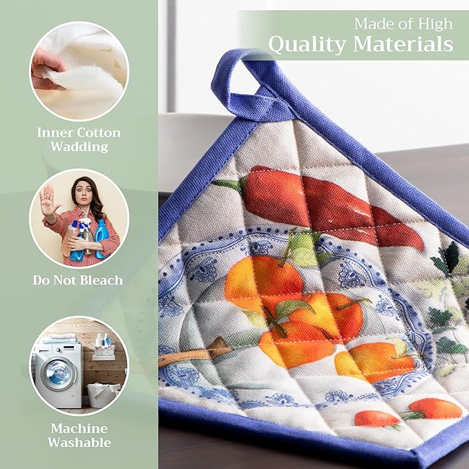 Maison d' Hermine Pot Holders Set 100% Cotton Heat Resistant Potholders 8" x 8" Hot Pads with Loop BBQ, Cooking, Baking, Grilling, Kitchen, Handling Hot Pans Spring/Summer (Pack of 2, Gourmand)