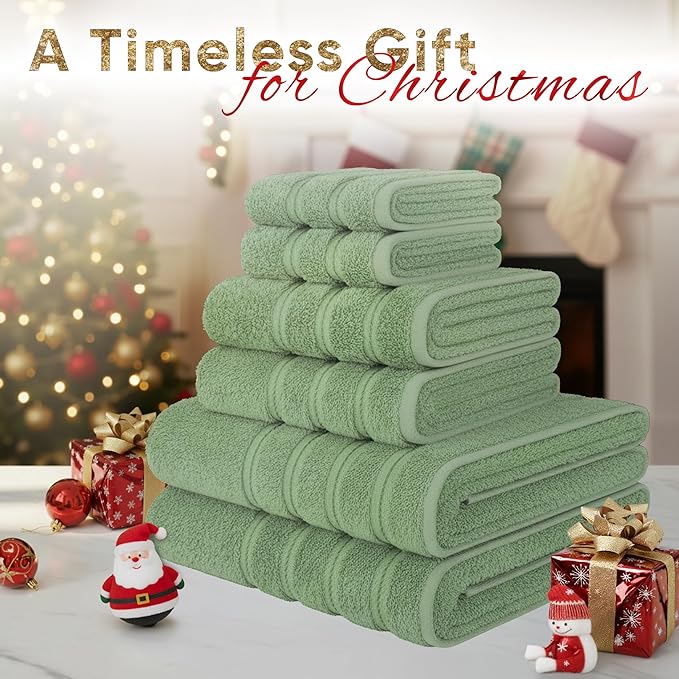 American Soft Linen Luxury 6 Piece Towel Set, 2 Bath Towels 2 Hand Towel 2 Washcloths, 600 GSM 100% Cotton Turkish Towels for Bathroom, Sage Green Towel Sets