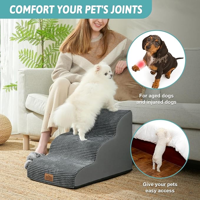 Dog Stairs for Small Dogs 15.7" H, Curved Dog Step for Puppy, Older Cat, Medium Pet Ramp for Sofa, Couch or Chair, Ladder with High Density Foam, 15.7x22.4x15.7 inch, 3 Step, Charcoal Grey