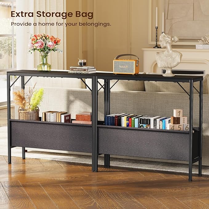 Small Console Table with Storage Basket, 31.5'' Couch Table Behind Sofa, Entryway Table, Sofa Table, Narrow ConsoleTable, Display Table for Hallway, Foyer, Living Room, Black