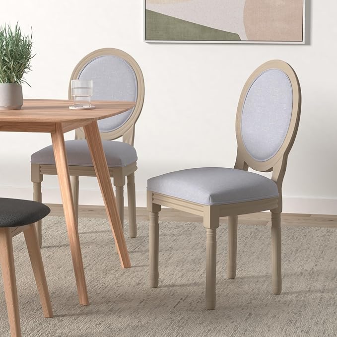 Nrizc French Dining Chairs Set of 6, French Country Dining Chairs, Vintage Farmhouse Dining Chair with Round Back, Solid Wood Beige Fabric Dining Room Chairs, for Kitchen, Bedroom, Dining Room