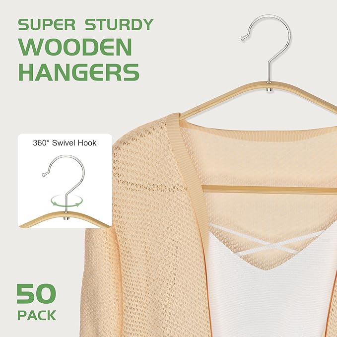 Bamboo Hangers - 50 Pack Slim Coat Hangers - 360-Degree Rotatable Hook, Suitable for Clothes, Jacket, Shirt, Tank Top, Pant (Natural, 50)
