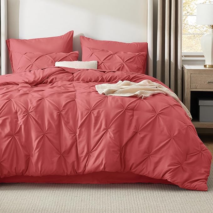 Bedsure King Size Comforter Set Coral Red - Bed in a Bag Bedding Set 7 Pieces, GentleSoft™ Pintuck Bed Set Gift for Family, Pinch Pleat Coral Red Comforter with Sheets, Pillowcases & Shams