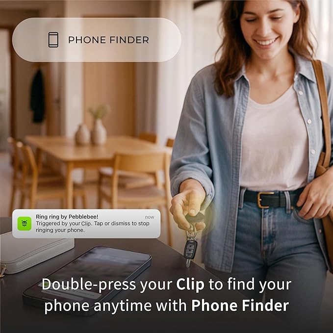 Pebblebee Clip Universal - Rechargeable Mini Item Tracker | Alternative to Air Tag & Android Trackers | 12-Month Battery Life | Works with Both Android & iOS Find My Apps | LED & Sound Alerts