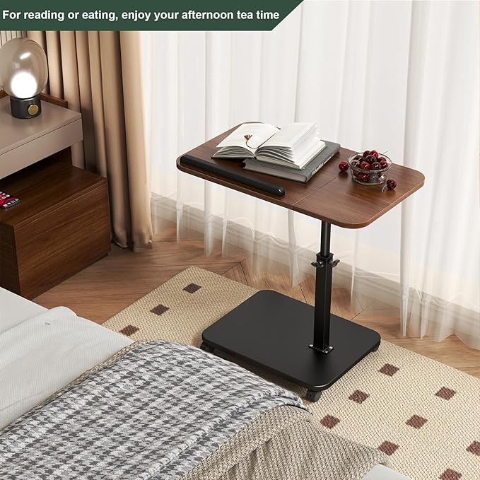 Adjustable Height C Shaped End Table with Wheels,360°Swivel Side Table, Top Tilting Laptop Stand TV Table for Sofa/Bed, Couch Tables that Slide under,Small Coffee Table for Living Room (walnut)